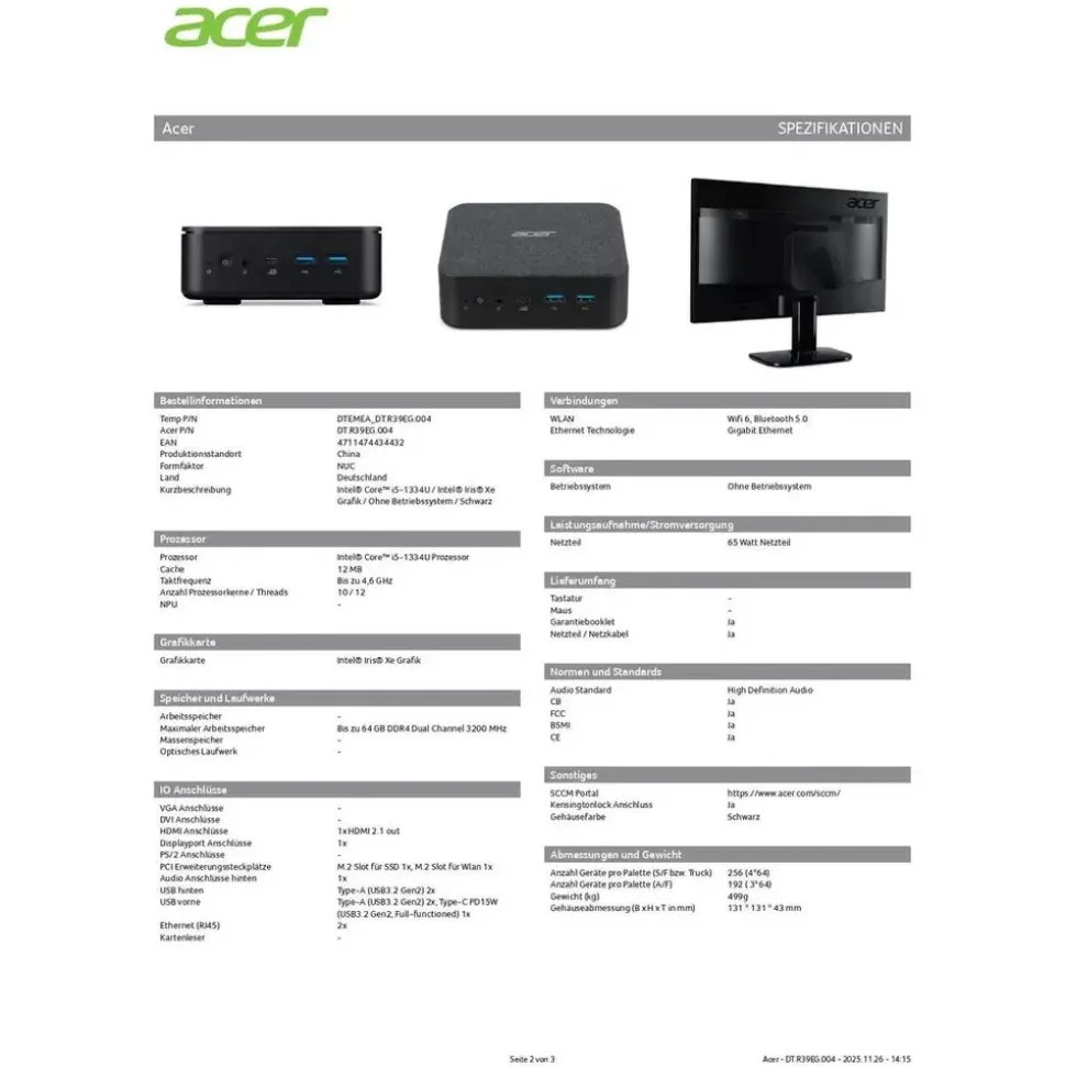 Acer Veriton Mini-PC Core i5-1334U 64 GB RAM SSD Windows 11 Home