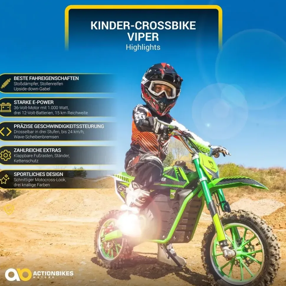 ACTIONBIKES MOTORS Kinder-Crossbike Viper Elektro-Kindermotorrad schwarz (SW)
