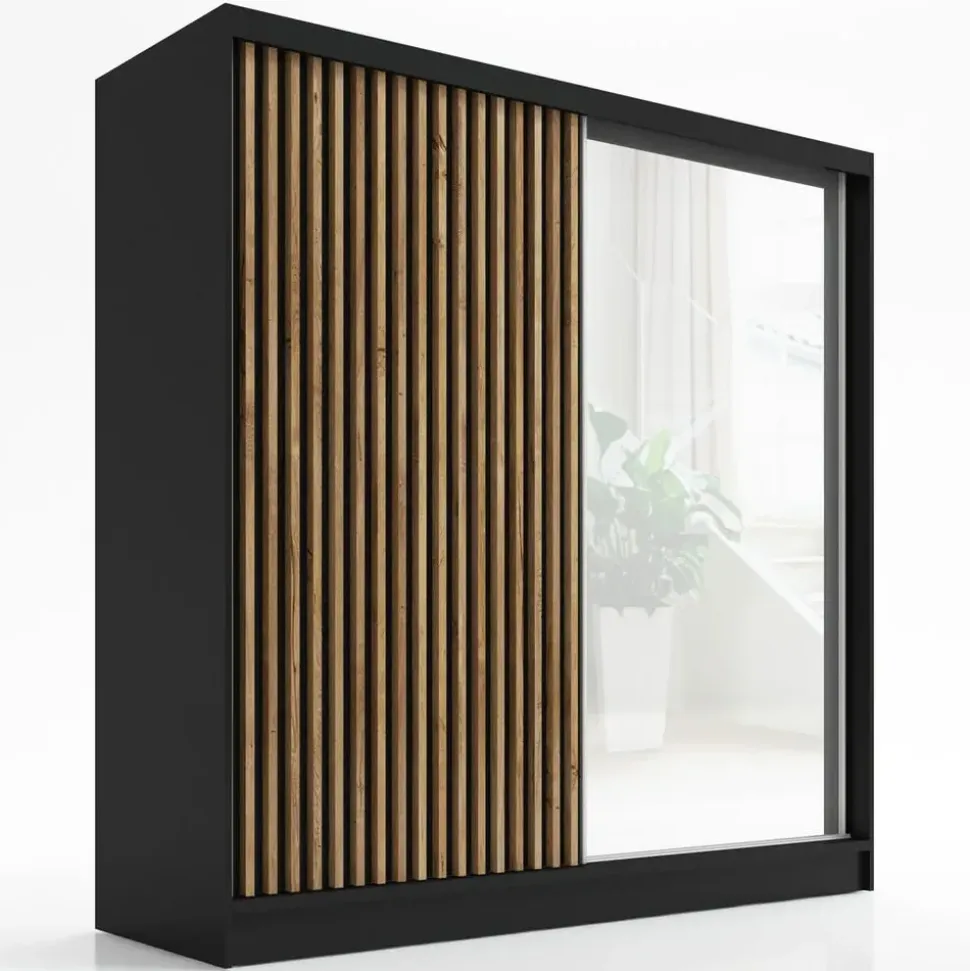 A&J MöbelLand Schwebetürenschrank LINA 2-türig Schrank 200 cm mit Spiegel Schwarz