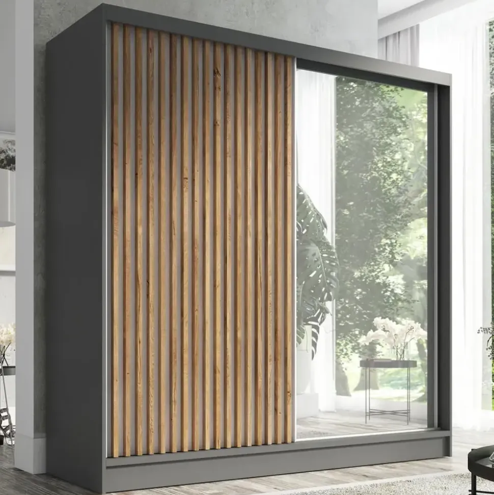 A&J MöbelLand Schwebetürenschrank LINA 2-türig Schrank 200 cm mit Spiegel Schwarz