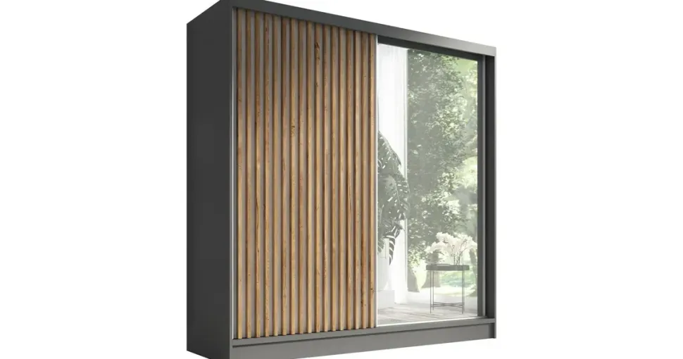 A&J MöbelLand Schwebetürenschrank LINA 2-türig Schrank 200 cm mit Spiegel Grau