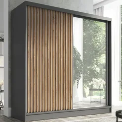 A&J MöbelLand Schwebetürenschrank LINA 2-türig Schrank 200 cm mit Spiegel Grau