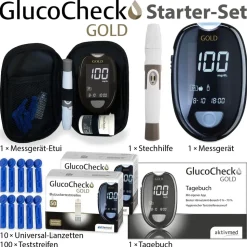 aktivmed GlucoCheck GOLD Blutzuckermessgerät mg/dl + 110 Teststreifen, 10 Lanzetten, 1 Stechhilfe, 1 Etui