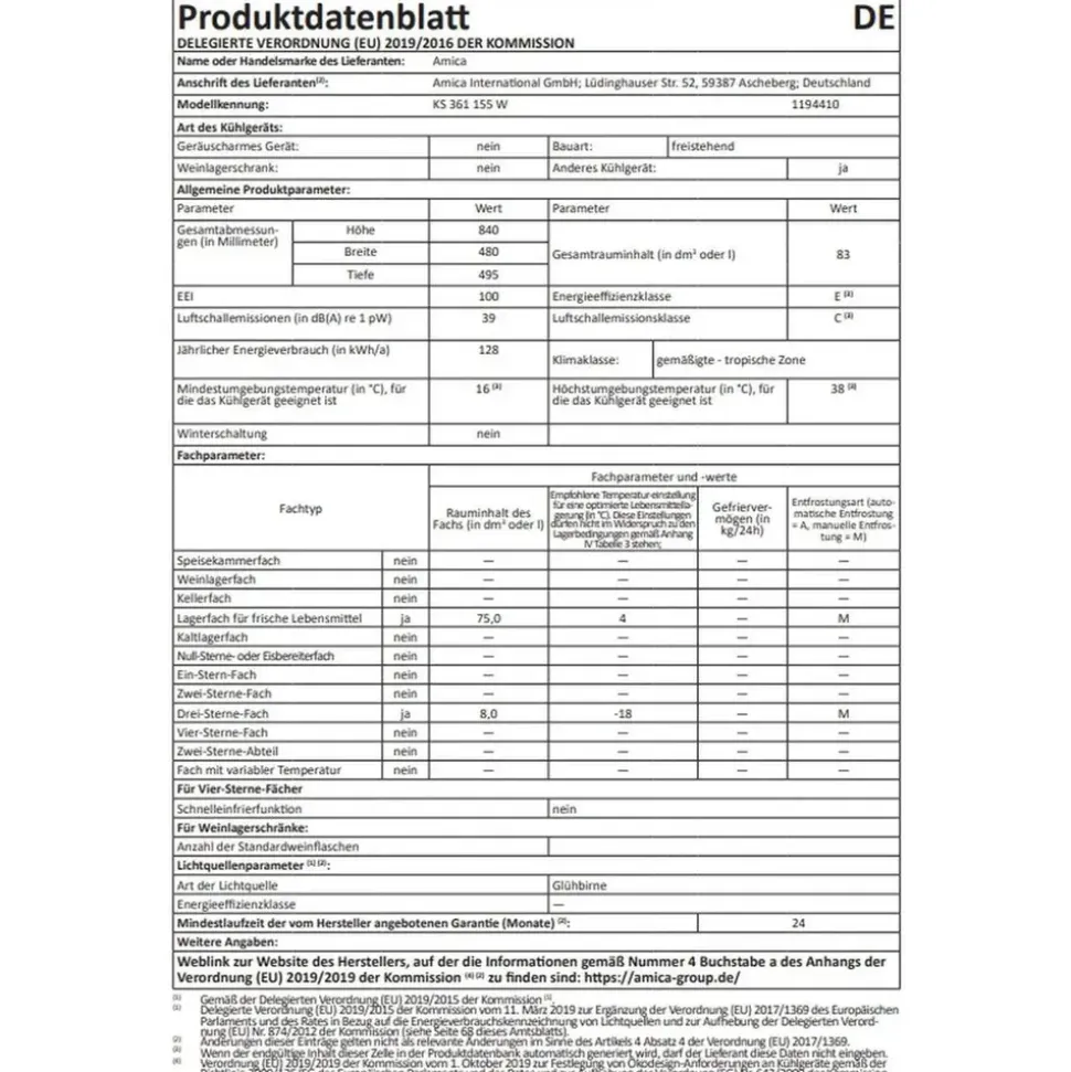 Amica KS 361 155 W Kühlschrank (83 l, 840 mm hoch, Weiß)