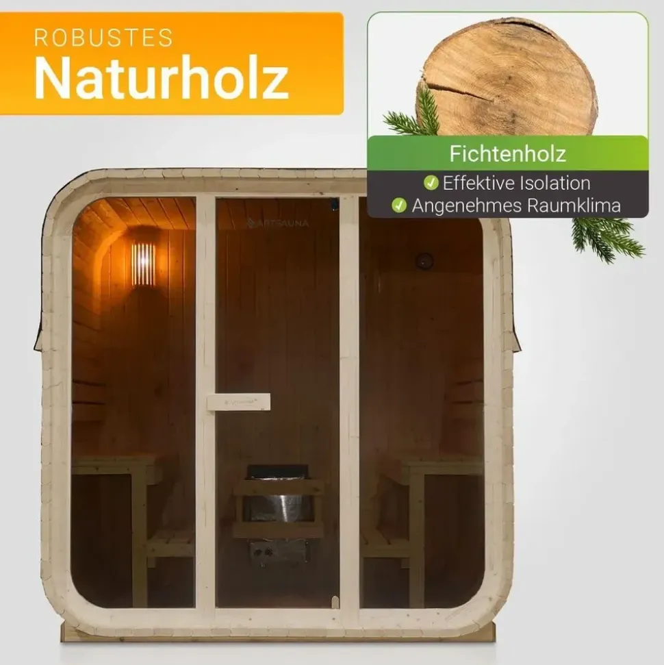 Artsauna Fasssauna Fjora 9 kW Ofen Glasfront