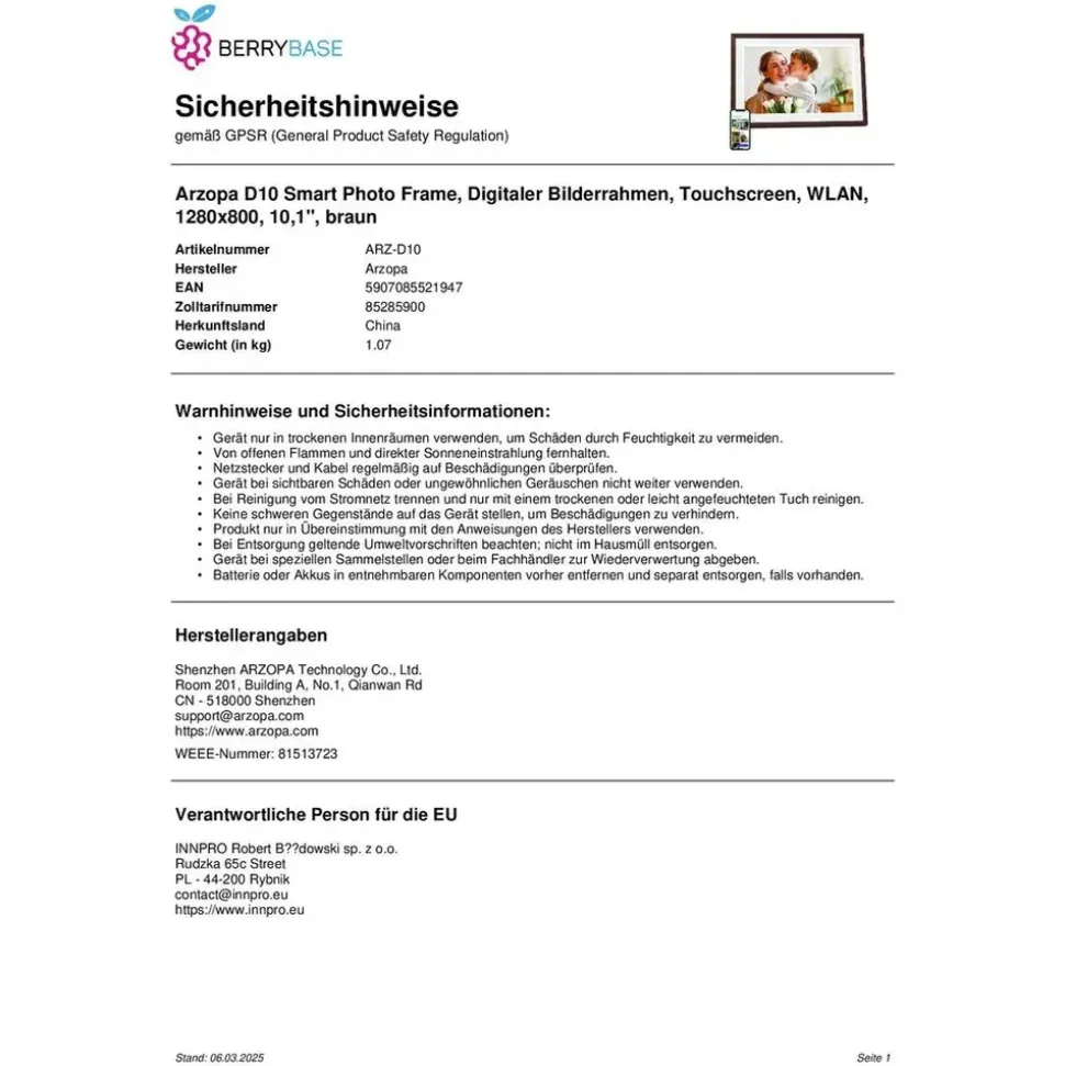 Arzopa D10 Digitaler Bilderrahmen, (Dunkelbraun) 10.1" - Dunkelbraun