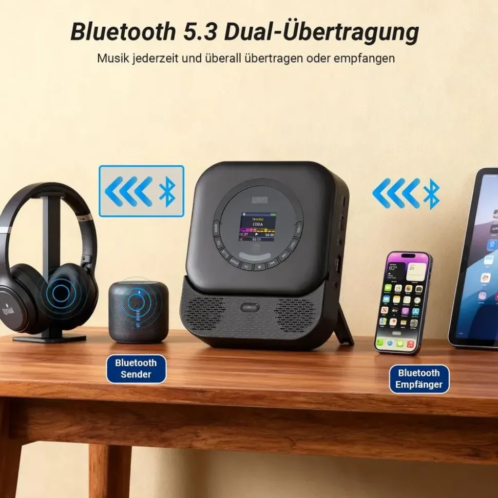 August SE15B MP3-Player Schwarz Bluetooth®, Lautsprecher
