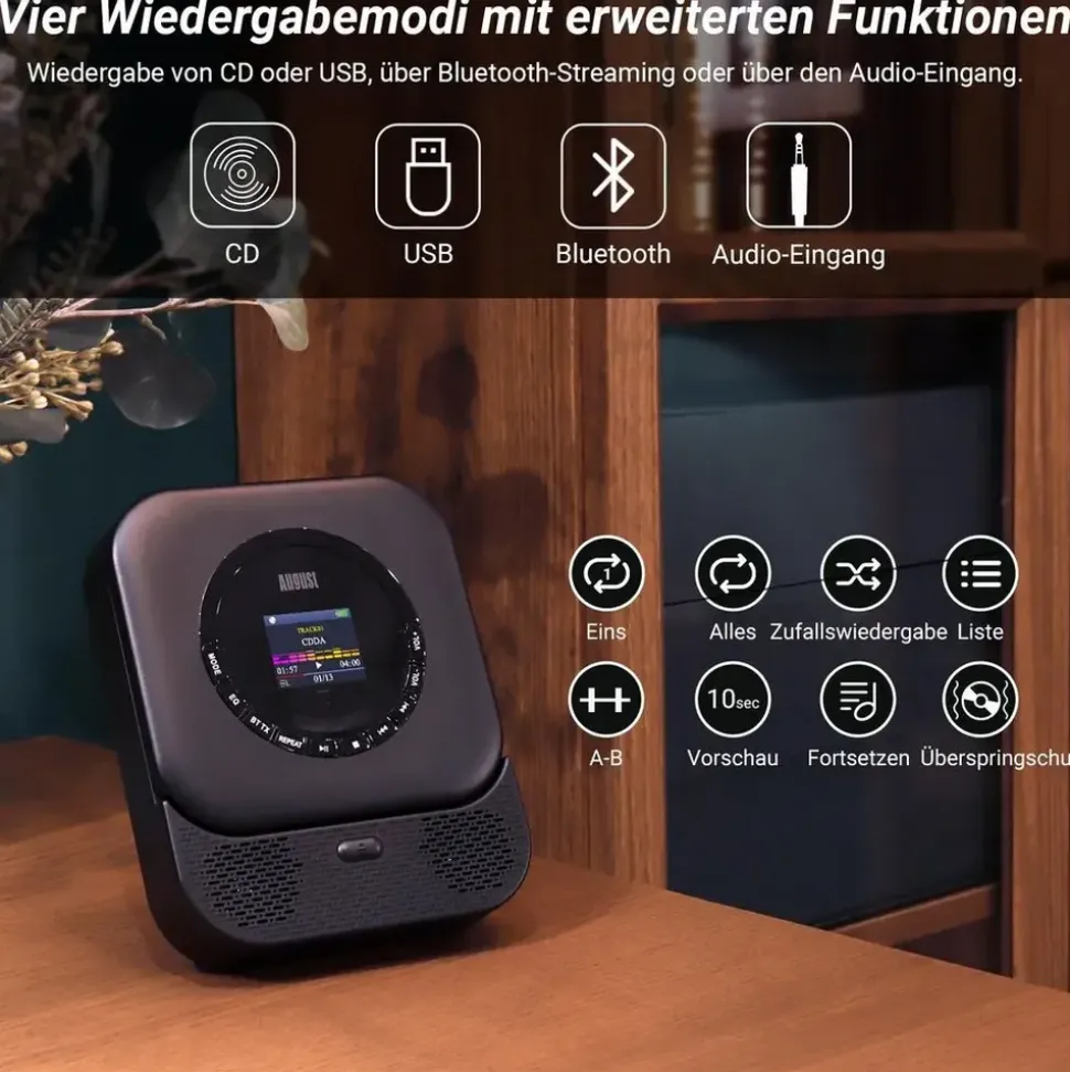 August SE15B MP3-Player Schwarz Bluetooth®, Lautsprecher