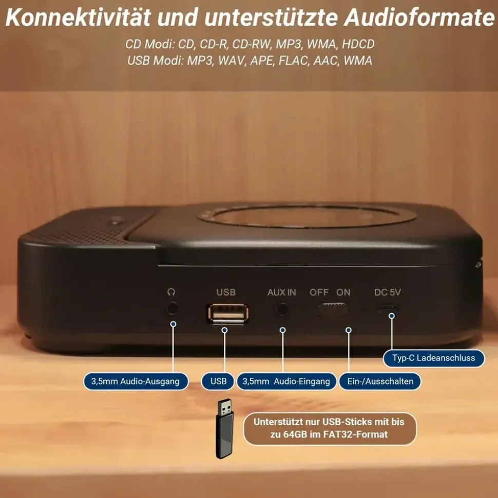 August SE15B MP3-Player Schwarz Bluetooth®, Lautsprecher