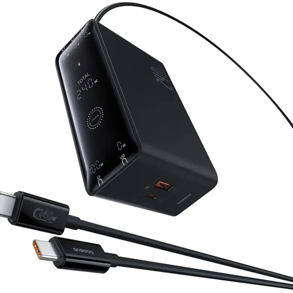 Baseus GaN 3x USB-C USB DC, 240W Smart-Desktop-Schnellladegerät – Schwarz