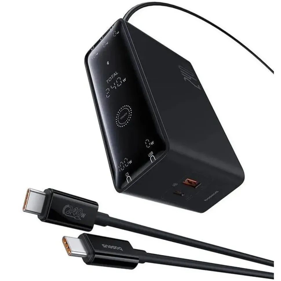 Baseus GaN 3x USB-C USB DC, 240W Smart-Desktop-Schnellladegerät – Schwarz