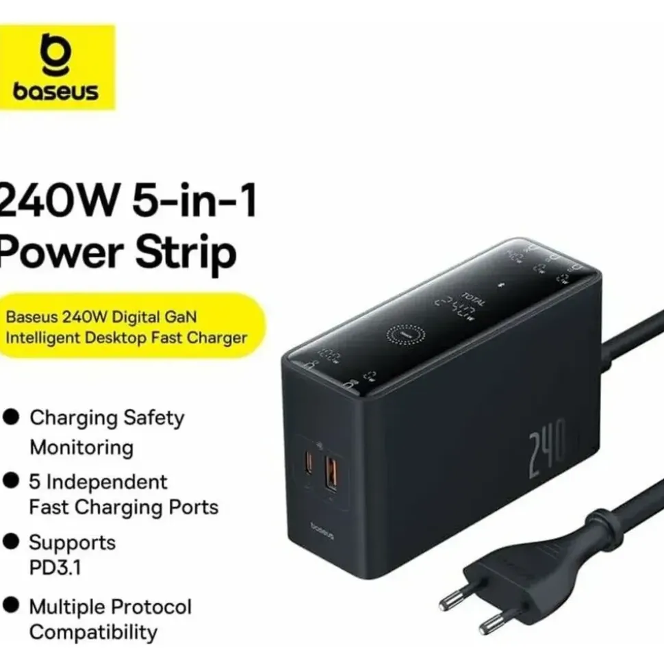 Baseus GaN 3x USB-C USB DC, 240W Smart-Desktop-Schnellladegerät – Schwarz