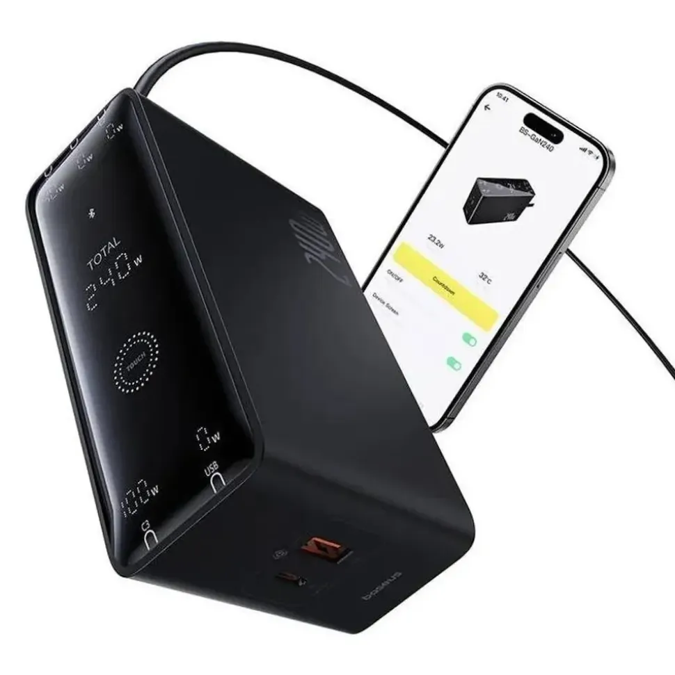 Baseus GaN 3x USB-C USB DC, 240W Smart-Desktop-Schnellladegerät – Schwarz