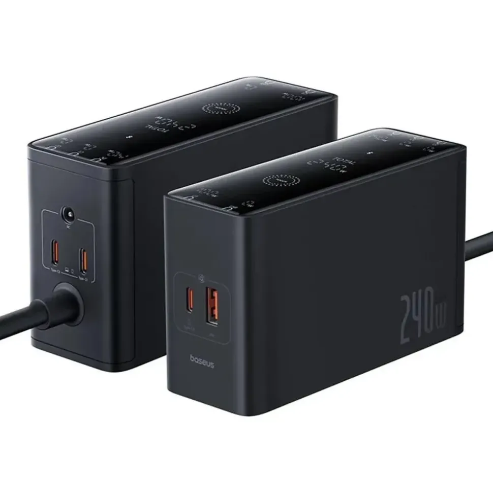 Baseus GaN 3x USB-C USB DC, 240W Smart-Desktop-Schnellladegerät – Schwarz