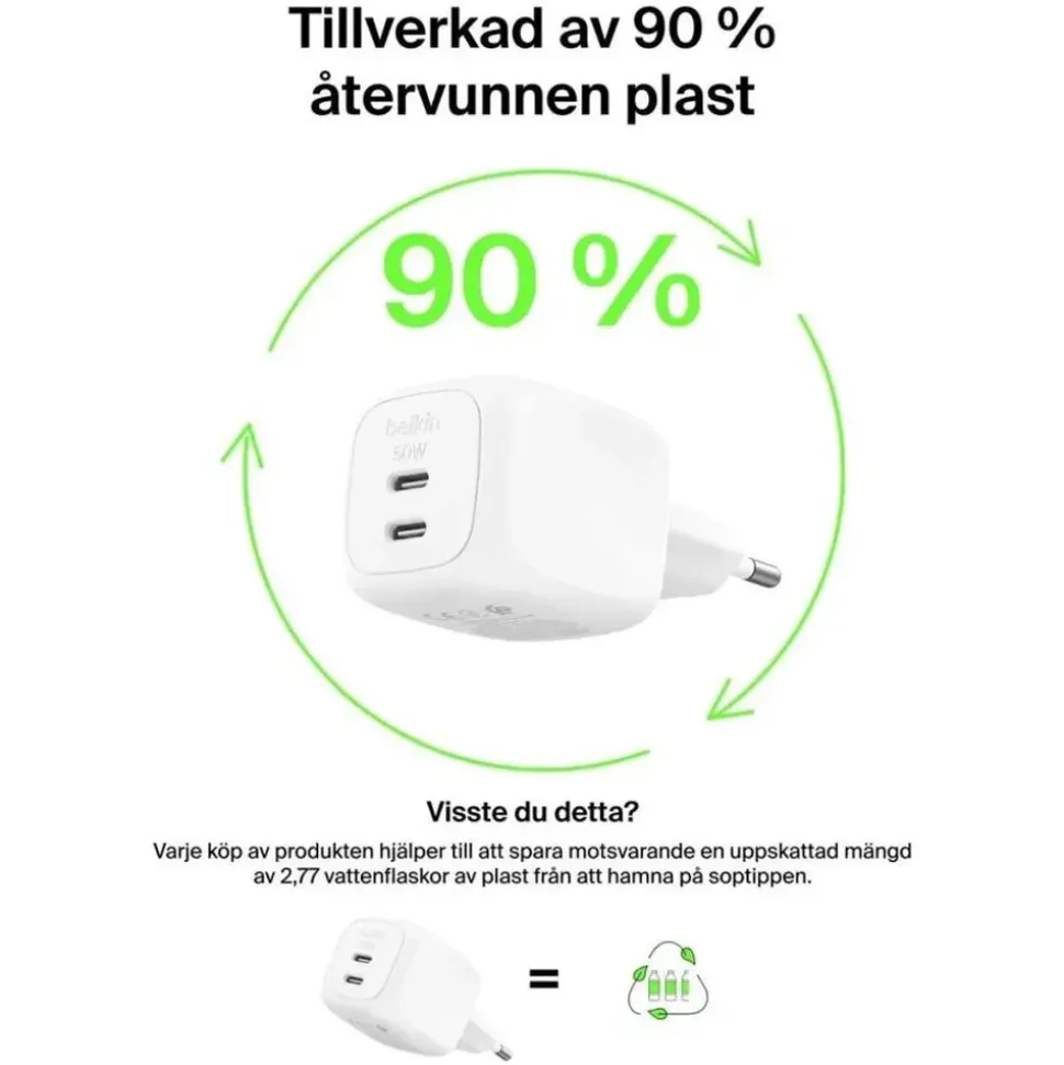 Belkin Dual USB-C Ladegerät Power Delivery und PPS (50 W) weiß