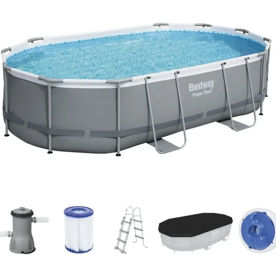 BESTWAY Power Steel Frame Pool oval Set 488 x 305 x 107 cm inkl. Filterpumpe (5-tlg.)