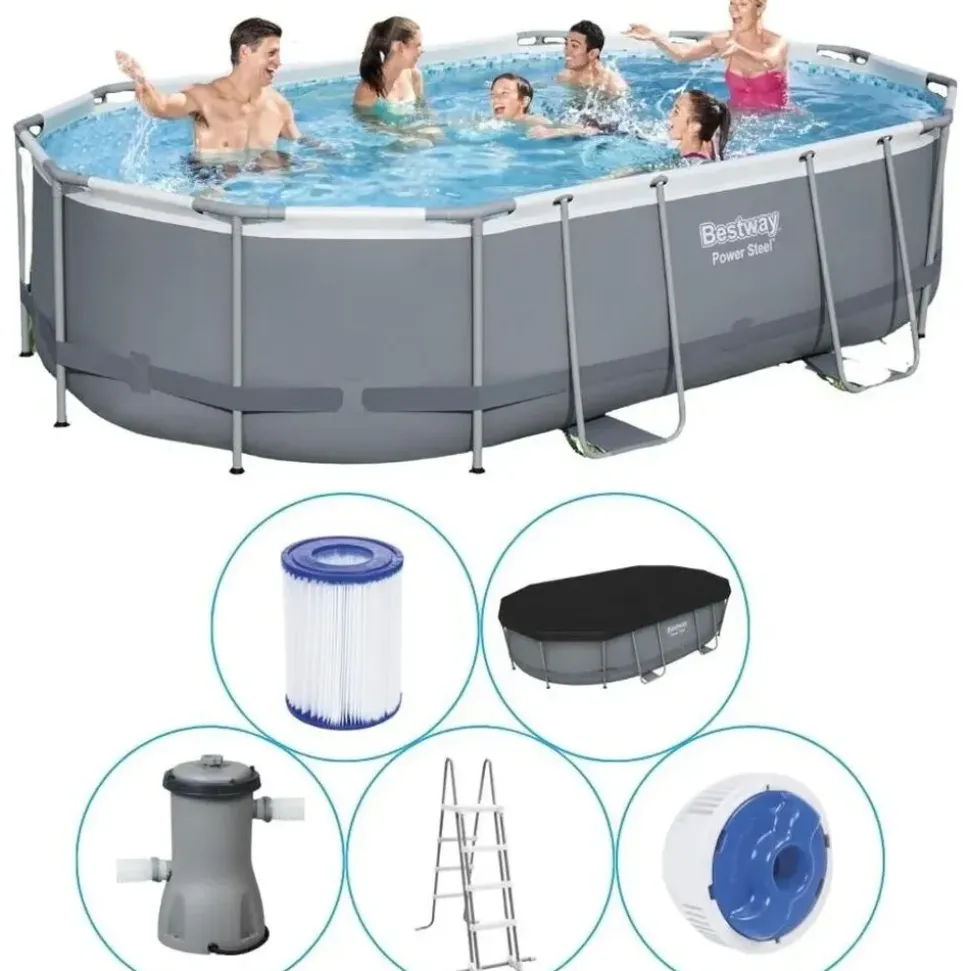 BESTWAY Power Steel Frame Pool oval Set 488 x 305 x 107 cm inkl. Filterpumpe (5-tlg.)