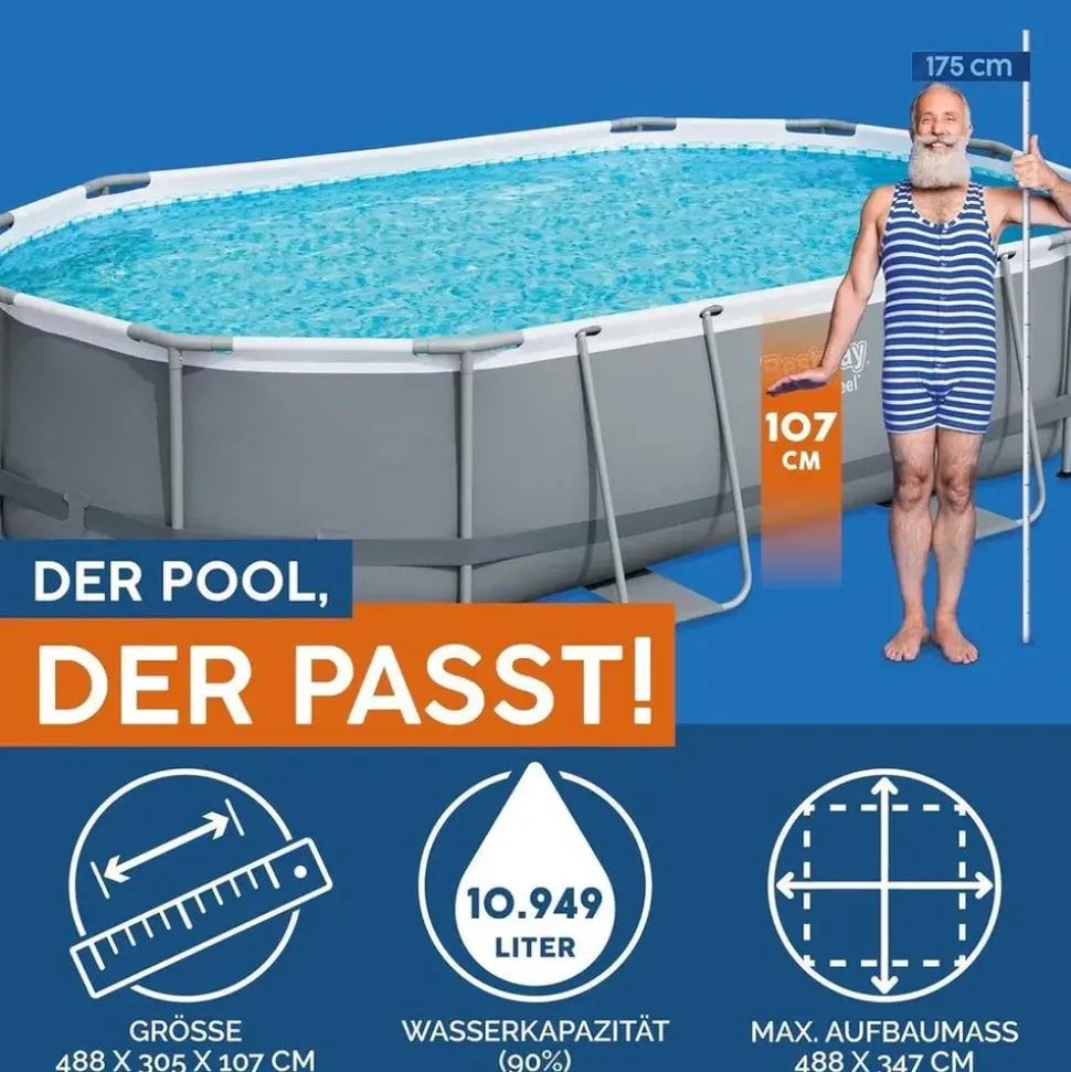 BESTWAY Power Steel Frame Pool oval Set 488 x 305 x 107 cm inkl. Filterpumpe (5-tlg.)