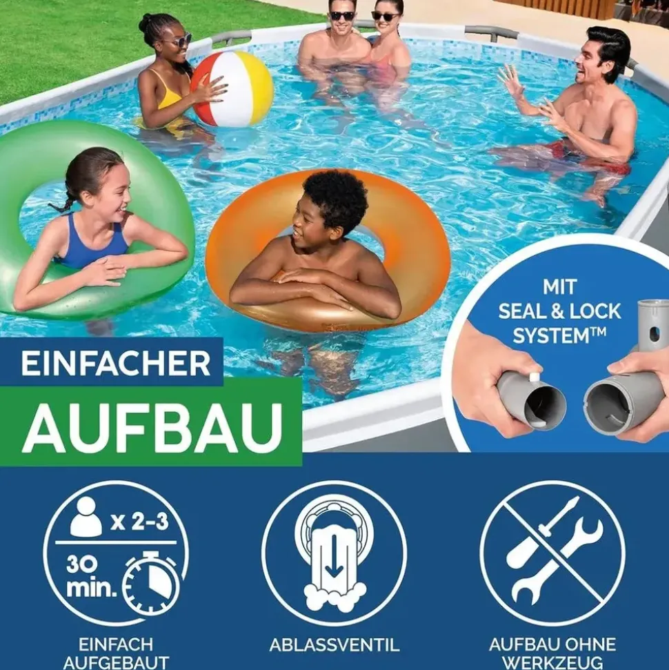 BESTWAY Power Steel Frame Pool oval Set 488 x 305 x 107 cm inkl. Filterpumpe (5-tlg.)