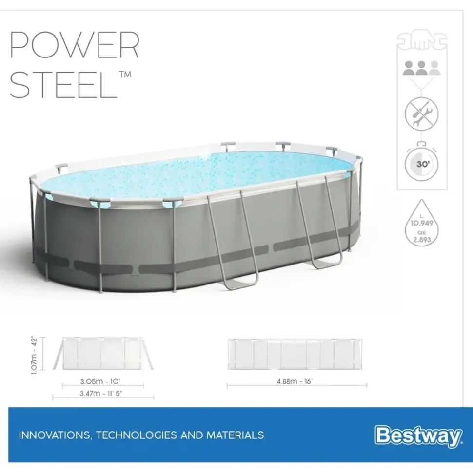 BESTWAY Power Steel Frame Pool oval Set 488 x 305 x 107 cm inkl. Filterpumpe (5-tlg.)