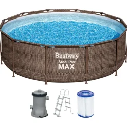 BESTWAY Steel Pro Max Frame Pool Set 366 x 100 cm rattanoptik inkl. Filterpumpe + Poolleiter