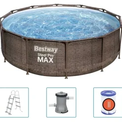 BESTWAY Steel Pro Max Frame Pool Set 366 x 100 cm rattanoptik inkl. Filterpumpe + Poolleiter