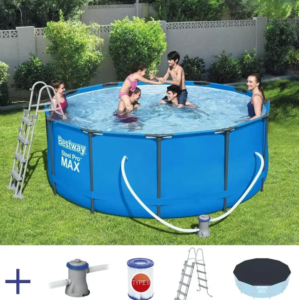 BESTWAY Steel Pro Max Frame Pool Set 366 x 122 cm lichtgrau inkl. Filterpumpe