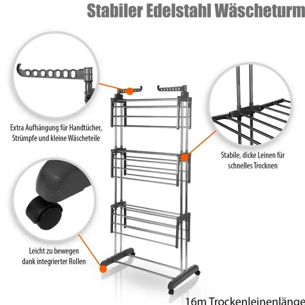 BigDean Wäscheständer Turm 16m Trockenlänge mit 3 Ebenen und 4 Rollen in Grau - Wäscheständer platzsparend für innen & außen