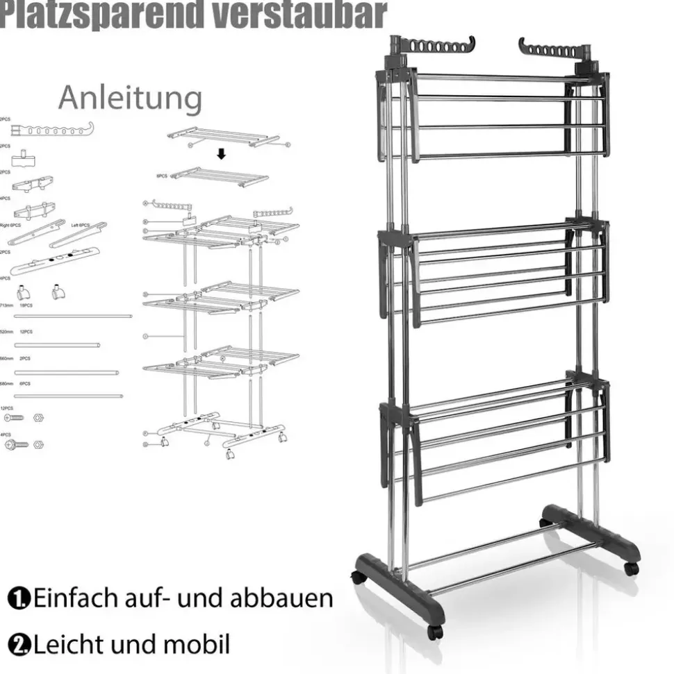 BigDean Wäscheständer Turm 16m Trockenlänge mit 3 Ebenen und 4 Rollen in Grau - Wäscheständer platzsparend für innen & außen