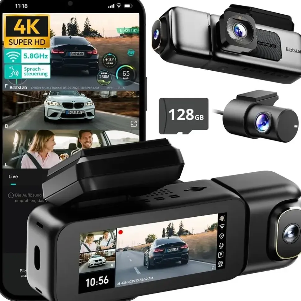 BOTSLAB 4K 3-Kanal Dashcam Auto Vorne Hinten