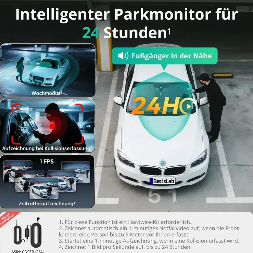 BOTSLAB 4K 3-Kanal Dashcam Auto Vorne Hinten