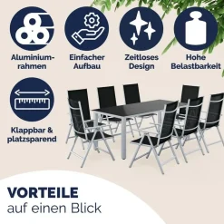 CASARIA Bern Set 9-tlg. Tischplatte Sicherheitsglas schwarz/silber
