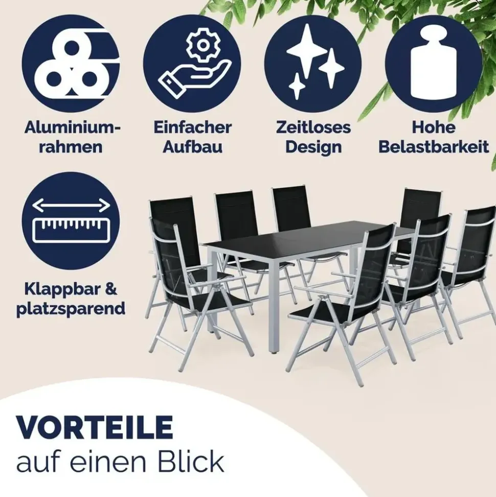 CASARIA Bern Set 9-tlg. Tischplatte Sicherheitsglas schwarz/silber
