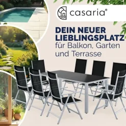 CASARIA Bern Set 9-tlg. Tischplatte Sicherheitsglas schwarz/silber