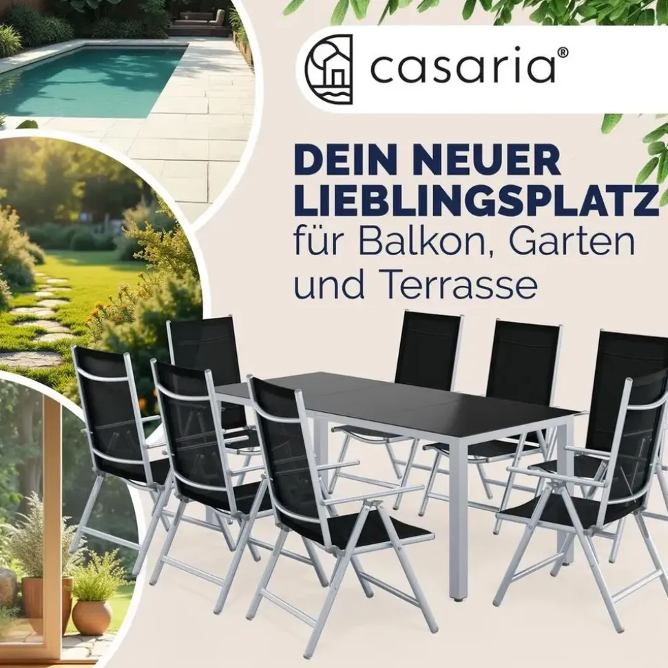 CASARIA Bern Set 9-tlg. Tischplatte Sicherheitsglas schwarz/silber