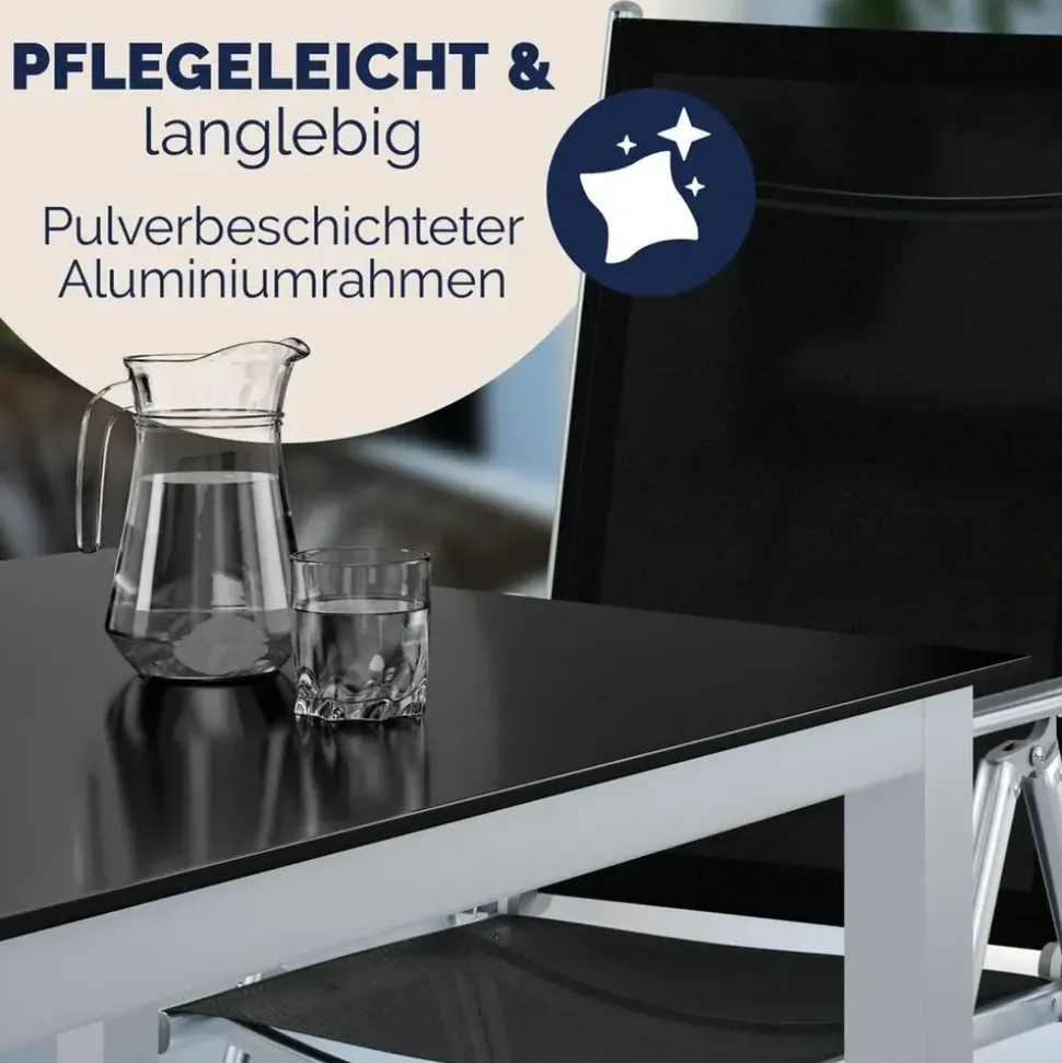 CASARIA Bern Set 9-tlg. Tischplatte Sicherheitsglas schwarz/silber