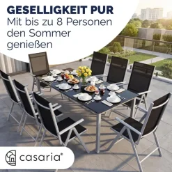 CASARIA Bern Set 9-tlg. Tischplatte Sicherheitsglas schwarz/silber