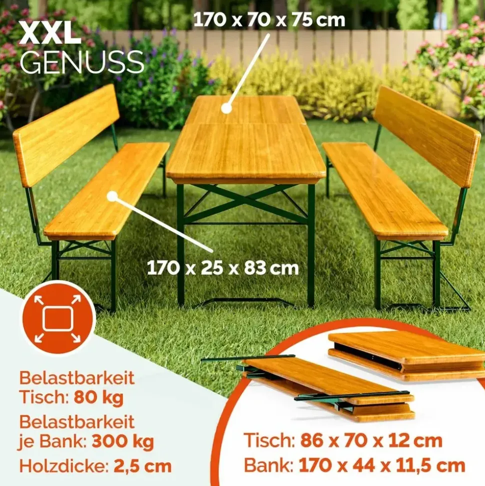CASARIA Bierzeltgarnitur 3-tlg. Tisch 170 x 70 cm inkl. Rückenlehne Braun