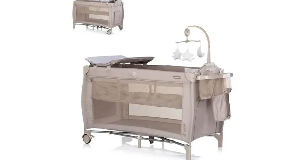 Chipolino Reisebett Bella 2 Ebenen seitlicher Eingang Musikmobile Wickelauflage beige grau