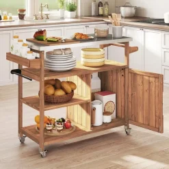 Costway Grillwagen Outdoor, Servierwagen auf Rollen, mit Edelstahl-Arbeitsplatte, Ablagen, Gewürzregal, Schrank&Handtuchhalter, (1 Tür-118x47x92 cm) - Naturbelassen