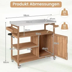 Costway Grillwagen Outdoor, Servierwagen auf Rollen, mit Edelstahl-Arbeitsplatte, Ablagen, Gewürzregal, Schrank&Handtuchhalter, (1 Tür-118x47x92 cm) - Naturbelassen