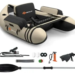 Costway Schlauchboot aufblasbar bis 150kg, Angelboot mit verstellbarer Rückenlehne, Pumpe, Paddel & Gurte, Fischerboot für Erwachsene 135x109x54cm - Beige
