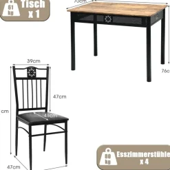 Costway 5 teiliges Esstisch-Set, mit 4 gepolsterten Stühlen, Küchentisch Bistrotisch Esszimmergruppe Sitzgruppe 4 Personen Holz für K... - Schwarz