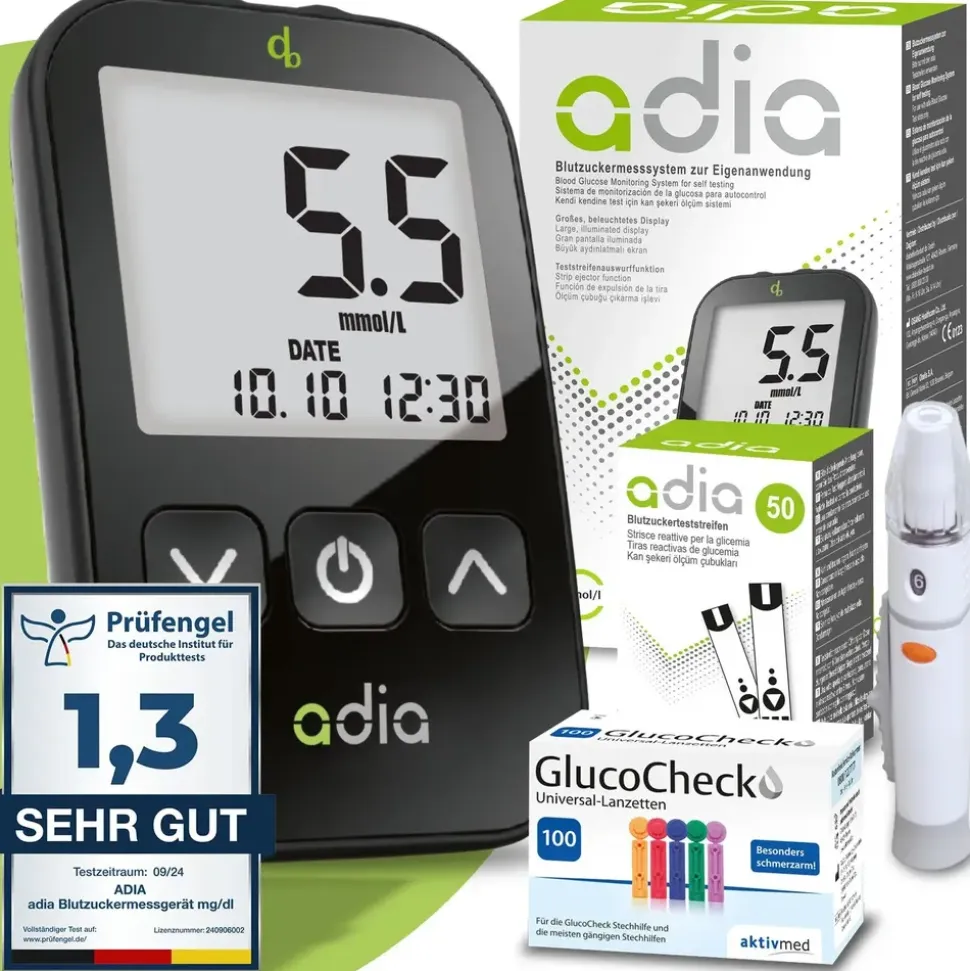 diabetikerbedarf adia Blutzuckermessgerät mmol/L mit 60 Blutzuckerteststreifen und 110 Lanzetten