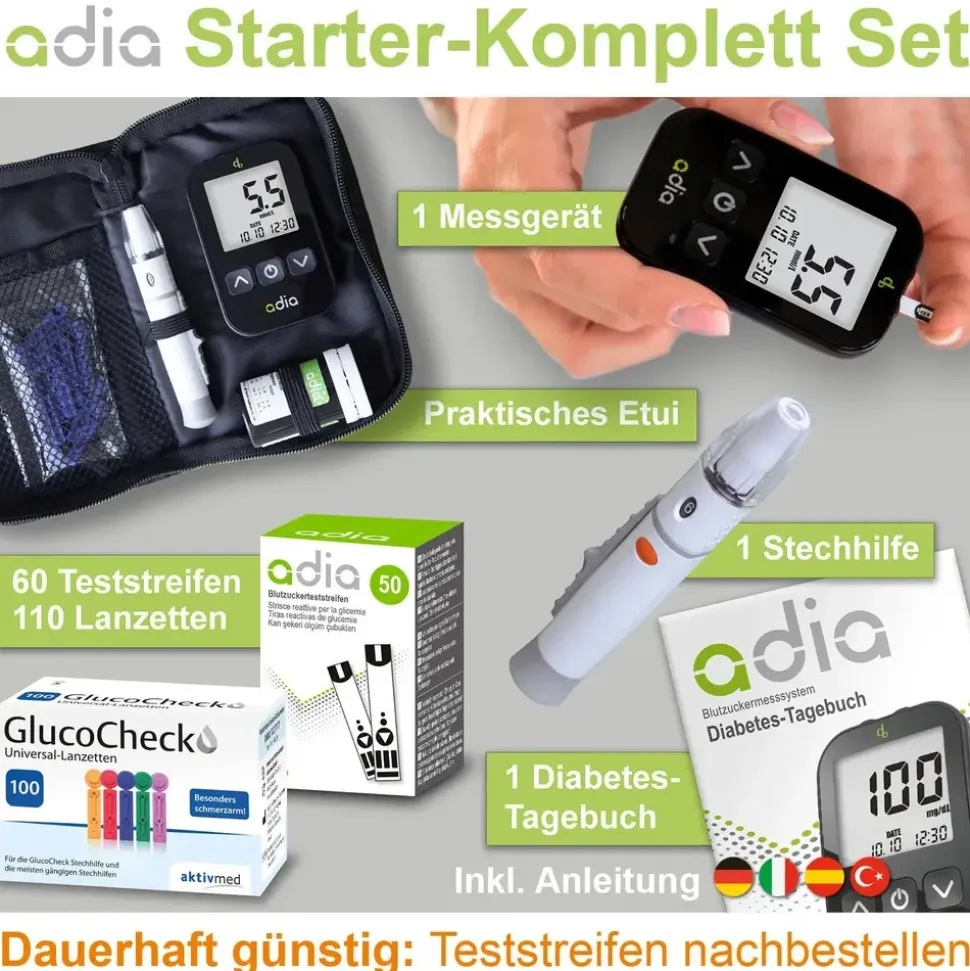 diabetikerbedarf adia Blutzuckermessgerät mmol/L mit 60 Blutzuckerteststreifen und 110 Lanzetten
