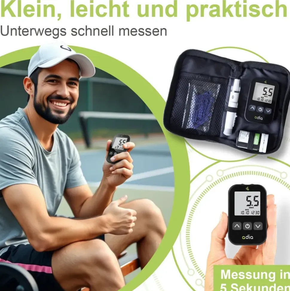 diabetikerbedarf adia Blutzuckermessgerät mmol/L mit 60 Blutzuckerteststreifen und 110 Lanzetten