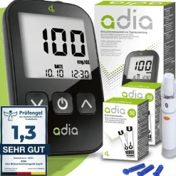 diabetikerbedarf adia Blutzuckermessgerät mg/dl mit 110 Teststreifen, 10 Lanzetten, 1 Stechhilfe, 1 Etui