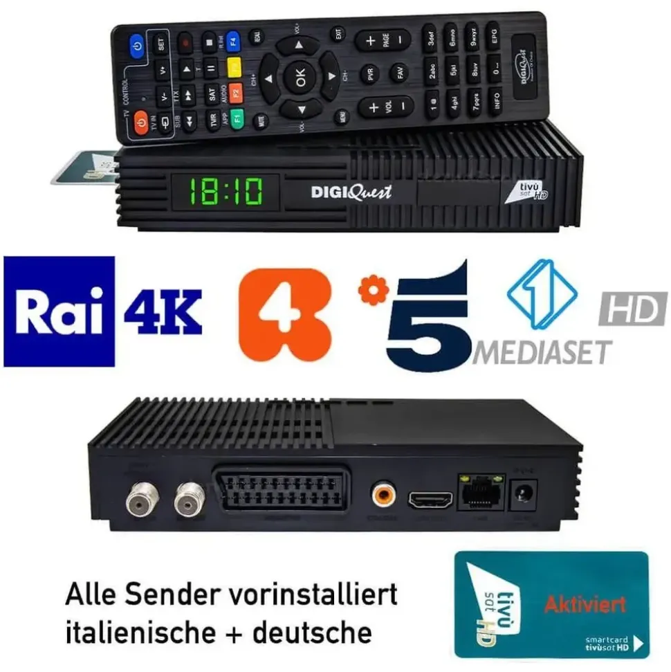 DIGIQuest Ti9 Full HD DVB-S2, HEVC – Italienisches Fernsehen (RAI, Mediaset, LA7) Hotbird 13° +