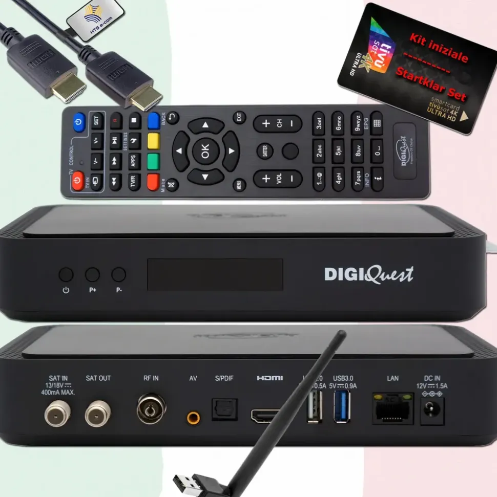 DIGIQuest TiVuSat Smartcard Schwarz + DIGIQuest Q99 4K Receiver mit WiFi Stick - tivùsat zertifiziert (bereits aktiviert), HEVC HDR, Rai Mediaset LA7, PVR ready, LAN, inkl. HDMI Kabel