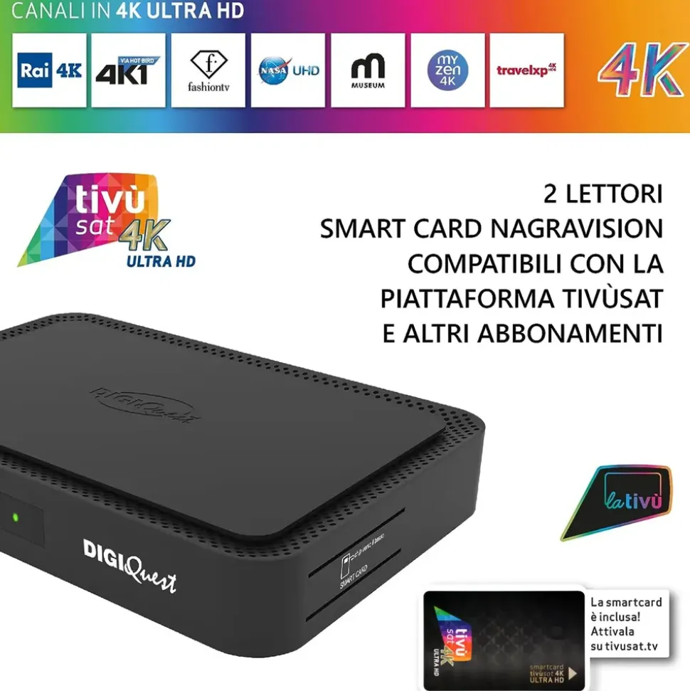DIGIQuest TiVuSat Smartcard Schwarz + DIGIQuest Q99 4K Receiver mit WiFi Stick - tivùsat zertifiziert (bereits aktiviert), HEVC HDR, Rai Mediaset LA7, PVR ready, LAN, inkl. HDMI Kabel